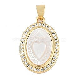 Rack Plating Brass Micro Pave Cubic Zirconia Pendants, with Natural Shell, Long-Lasting Plated, Cadmium Free & Lead Free, Oval with Heart, Real 18K Gold Plated, 23x15.5x3.5mm, Hole: 4x3mm(KK-P287-11G)