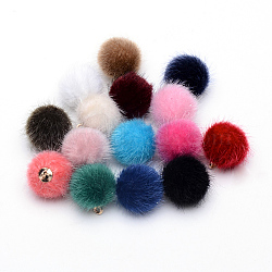 Handmade Faux Mink Fur Covered Pendants, with Alloy Findings, Round, Golden, Mixed Color, 16~17x13.5~14mm, Hole: 1.5mm(X-WOVE-S108-03)