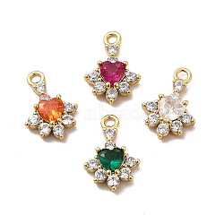Rack Plating Brass Micro Pave Cubic Zirconia Charms, Long-Lasting Plated, Cadmium Free & Lead Free, Flower with Heart Charm, Real 18K Gold Plated, Mixed Color, 12.5x8.5x3mm, Hole: 1.4mm(KK-C013-05G)