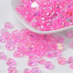 Eco-Friendly Transparent Acrylic Beads, Heart, Pink, AB Color, about 8mm in diameter, 3mm thick, hole: 1mm, about 2800pcs/500g(PL539-810)