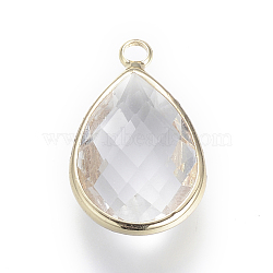 Glass Pendants, with Brass Findings, Faceted, teardrop, Light Gold, Clear, 14x7.5x4mm, Hole: 1.8~2.3mm(X-GLAA-S110-A-05)