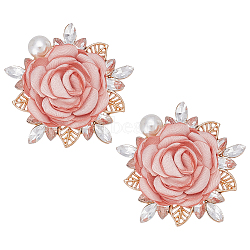 2Pcs Flower Polyester Brooches, Alloy Lapel Pins for Backpack Clothes, with Glass, Pink, 53.5x52mm(JEWB-ME0001-12)