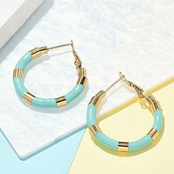 PVD Vacuum Plating 201 Stainless Steel Enamel Hoop Earrings for Women, with 304 Stainless Steel Pins, Real 18K Gold Plated, Aquamarine, 30x4mm, Pin: 1mm(EJEW-B016-33F)