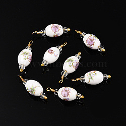 Handmade Porcelain Pendants, with Brass Findings, Real 18K Gold Plated, Barrel with Flower Pattern Charms, Lilac, 22.5x8mm, Hole: 1.8mm(KK-P242-19G-02-1)