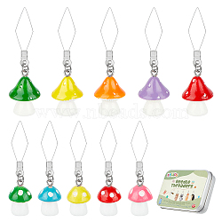 20Pcs 10 Style Mushroom 304 Stainless Steel Threader, Sewing Thread DIY Tools Quilting Fittings, with Plastic Pendants, Mixed Color, 50~56mm, 2pcs/style(DIY-AB00056)