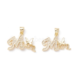 Mother's Day Theme Brass Micro Pave Clear Cubic Zirconia Pendants, Word Shapes, Real 18K Gold Plated, 15.5x23x3mm, Hole: 3.5x4mm(KK-Z019-18G)