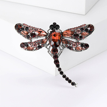 Alloy Brooches, Rhinestone Pin, Jewelry for Women, Dragonfly, Chocolate, 50x62mm