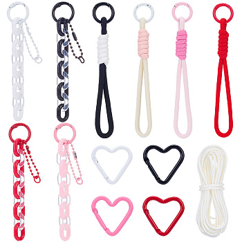 Pendant Decorations Kits, including 4Pcs Alloy & Acrylic Pendant Decorations, 4Pcs Polyester Lanyard Hand Mobile Straps, 5M Macrame Cotton Cord, 4Pcs Aluminum Spring Gate Rings, Mixed Color, 120mm, 4 colors, 1pc/color, 4pcs