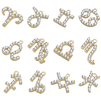 12Pcs 12 Style Alloy Rhinestone Pendants, 12 Constellation Charms, Golden, 12mm, 1Pc/style