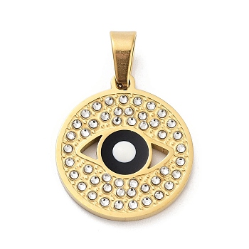 304 Stainless Steel Charms, with Rhinestone and Enamel, Real 18K Gold Plated, Evil Eye Charm, Black, 22.5x20x2mm, Hole: 6.5x4mm