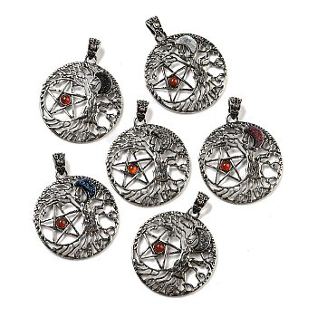 Natural Red Agate(Dyed & Heated) & Electroplated Druzy Agate Pendants, Antique Silver Tone Rack Plating Alloy Tree with Star Charms, Lead Free & Cadmium Free, Mixed Color, 43x39x6mm, Hole: 4x6mm