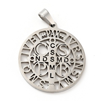201 Stainless Steel Pendant, Saint Benedict Medal, with Word CssmlNdsmd, Stainless Steel Color, 32.5x29.5x1.7mm, Hole: 7x4mm