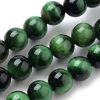 Natural Tiger Eye Beads Strands, Dyed, Round, Green, 8mm, Hole: 1mm, about 47pcs/strand, 15.2 inch