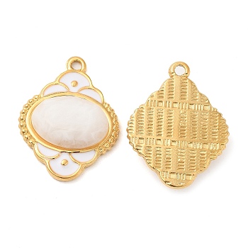 Enamel Pendants, with 304 Stainless Steel Finding and Acrylic Cabochon, Real 18K Gold Plated, Rhombus Charm, White, 24.5x18.5x5.5mm, Hole: 1.5mm