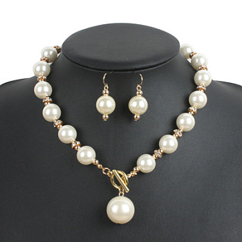 ABS Plastic Imitation Pearl Round Beaded Pendant Necklaces & Dangle Earrings Sets for Women, White, 470mm