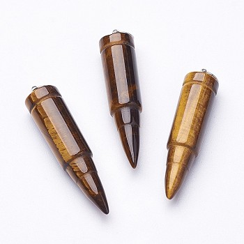 Natural Tiger Eye Pointed Pendants, with 201 Stainless Steel Split Rings, Bullet, Stainless Steel Color, 42~46x10mm, Hole: 5mm
