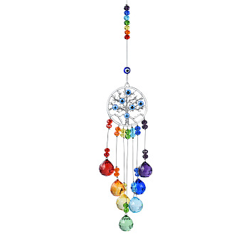 Woven Web/Net with Feather Glass Hanging Suncatcher Pendant Decoration, Crystal Ceiling Chandelier Ball Prism Pendants, with Alloy Findings, Round Pattern, 370mm