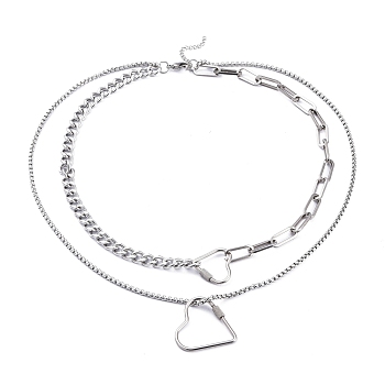 304 Stainless Steel Double Layer Necklaces, with Curb Chains & Paperclip Chains & Box Chains, Heart, Stainless Steel Color, 20.15 inch(51.2cm)