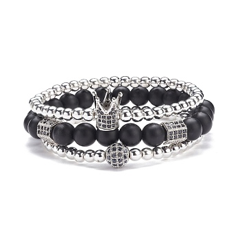 3Pcs 3 Style Round Synthetic Black Stone & Hematite Beaded Stretch Bracelets Set, Gemstone Bracelets with Ball Crown Hexagon for Women, Platinum, Inner Diameter: 2 1/4~2-3/8 inch(5.7~6.1cm)