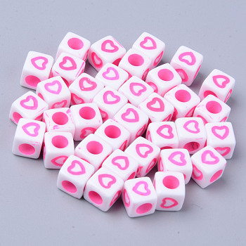 Opaque White Acrylic European Beads, Large Hole Beads, Cube with Heart, Hot Pink, 7x7x7mm, Hole: 4mm, about 1900~2000pcs/500g