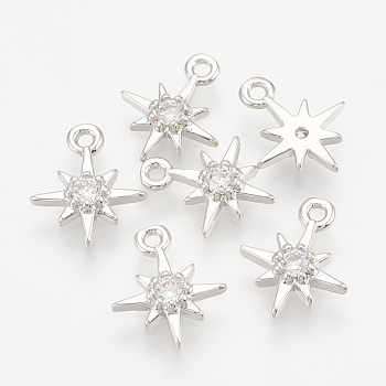 Brass Cubic Zirconia Charms, Star, Nickel Free, Real Platinum Plated, 10.5x8.5x2mm, Hole: 1mm