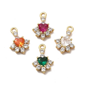 Rack Plating Brass Micro Pave Cubic Zirconia Charms, Long-Lasting Plated, Cadmium Free & Lead Free, Flower with Heart Charm, Real 18K Gold Plated, Mixed Color, 12.5x8.5x3mm, Hole: 1.4mm