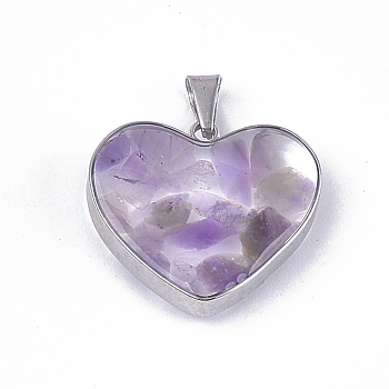 Natural Amethyst Pendants, with Glass and 304 Stainless Steel Findings, Heart, Stainless Steel Color, 19x21x6mm, Hole: 3x5.5mm