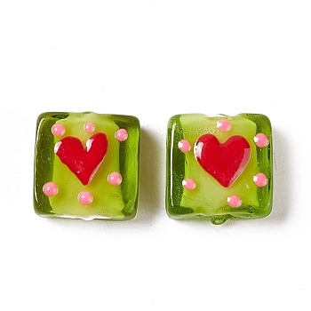 Handmade Lampwork Beads, Square with Heart Pattern, Yellow Green, 16x15x6mm, Hole: 1.8mm