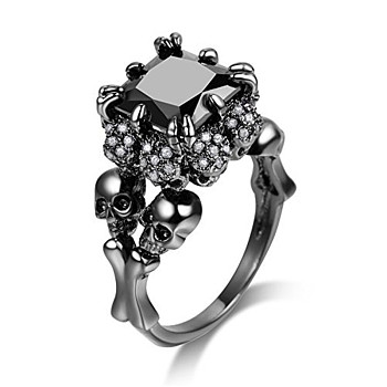 Rectangle Rhinestone Finger Ring, Alloy Skull Gothic Ring for Women, Gunmetal, US Size 7 1/4(17.5mm)