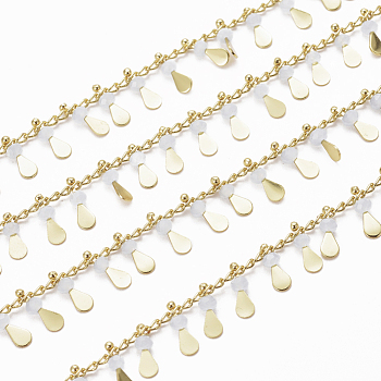 3.28 Feet Handmade Glass Beaded Chains, with Real 18K Gold Plated Brass Side Twisted Chains Curb Chains, Long-Lasting Plated, Soldered, Light Grey, 2.5x2x1mm, teardrop,: 10x3x3mm
