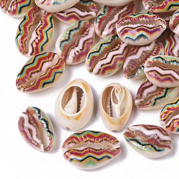 Printed Natural Cowrie Shell Beads, No Hole/Undrilled, with Wave Pattern, Colorful, 18~21x12~15x7mm