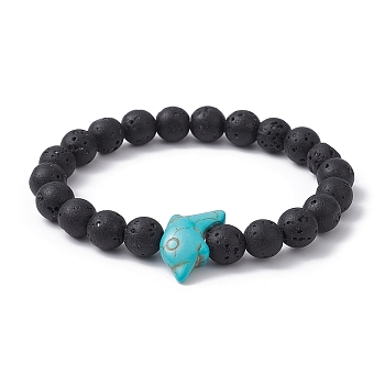Synthetic Turquoise Dolphin & Lava Rock Beaded Stretch Bracelet, Turquoise, Inner Diameter: 2-5/8 inch(6.7cm)