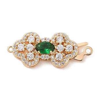 Brass Micro Pave Clear Cubic Zirconia Glass Hook and S-Hook Clasps, Green, Real 18K Gold Plated, 26mm, Hole: 1.2mm