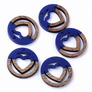 Resin & Walnut Wood Pendants, Ring with Heart, Medium Blue, 25x3mm, Hole: 1.8mm
