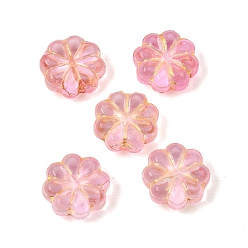 Baking Paint and Golden Metal Enlaced Glass Beads, Clover, Pink, 10x10.5x4mm, Hole: 1.2mm