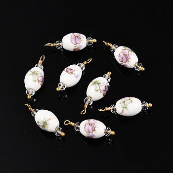 Handmade Porcelain Pendants, with Brass Findings, Real 18K Gold Plated, Barrel with Flower Pattern Charms, Lilac, 22.5x8mm, Hole: 1.8mm