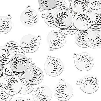 DICOSMETIC 40Pcs 304 Stainless Steel Charms, Flat Round with Leaf, Stainless Steel Color, 14x12x1mm, Hole: 1.5mm