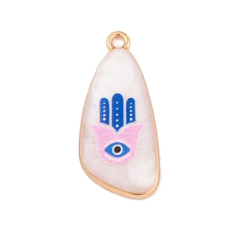 Alloy Enamel Pendants, Golden, Teardrop with Hamsa Hand Charm, Blue, 28x13x4mm, Hole: 1.8mm