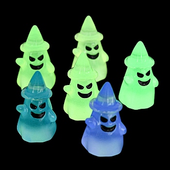 Halloween Luminous Resin Ghost with Hat Display Decoration, Micro Landscape Decorations, Glow in the Dark, Mixed Color, 23x23x37mm