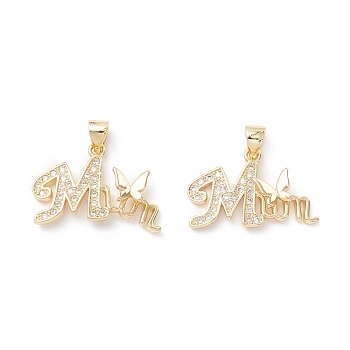 Mother's Day Theme Brass Micro Pave Clear Cubic Zirconia Pendants, Word Shapes, Real 18K Gold Plated, 15.5x23x3mm, Hole: 3.5x4mm