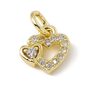 Brass Micro Pave Clear Cubic Zirconia Charms, with Open Jump Rings, Heart with Bear, Real 18K Gold Plated, 8x8x2mm, Hole: 2.7mm