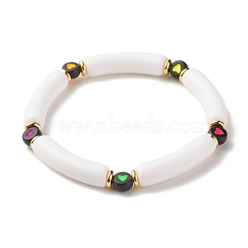 Acrylic Chunky Curved Tube Beaded Stretch Bracelet with Heart for Women, White, Inner Diameter: 2-1/4 inch(5.7cm)(BJEW-JB07586-01)