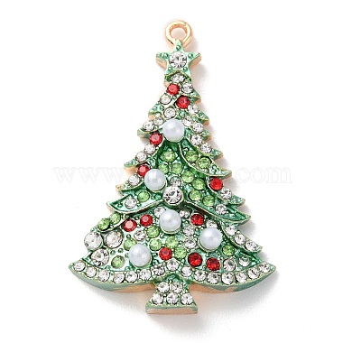 Light Gold Christmas Tree Alloy Rhinestone+Enamel Pendants