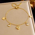 304 Stainless Steel Micro Pave Clear Cubic Zirconia Charm Bracelets, Cable Chain Bracelets for Women, Golden, Heart, 6.81 inch(17.3cm)(BJEW-K297-03B-G)