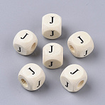 Printed Natural Wood Beads, Horizontal Hole, Cube with Initial Letter, PapayaWhip, Letter J, 10x10x10mm, Hole: 3.5mm, about 950~1000pcs/500g(WOOD-T026-001J)