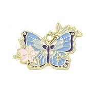 Alloy Enamel Pendants, Golden, Butterfly with Flower Charm, Light Sky Blue, 24.5x37x1mm, Hole: 2mm(ENAM-I060-15D)