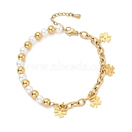 201 Stainless Steel Clover Charm Bracelet, Plastic Pearl Beaded Bracelet with Vacuum Plating 304 Stainless Steel Cable Chains for Women, Golden, 7-1/2 inch(19cm)(BJEW-A126-08G)