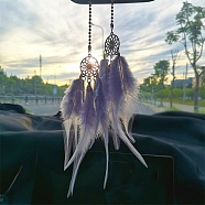 Alloy Woven Net/Web with Feather Pendant Decotations, with Dyed Feather, Wall Hanging Ornament for Car, Home Decor, Flat Round with Flower, Lilac, Feather: 145~150mm,  Flat Round: 25mm in diameter(FEAT-PW0001-121C)
