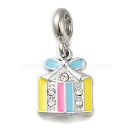 Rack Plating Alloy Colorful Enamel European Dangle Charms, Christmas Gift Box Large Hole Pendants with Crystal Rhinestone, Platinum, 28mm, Hole: 4.5mm, Box: 18x14x3mm(PALLOY-A009-14P)