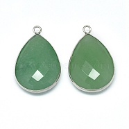 Natural Green Aventurine Pendants, with Brass Findings, Faceted, teardrop, Platinum, 29~31x19x6~7mm, Hole: 2mm(G-E526-07B-06)